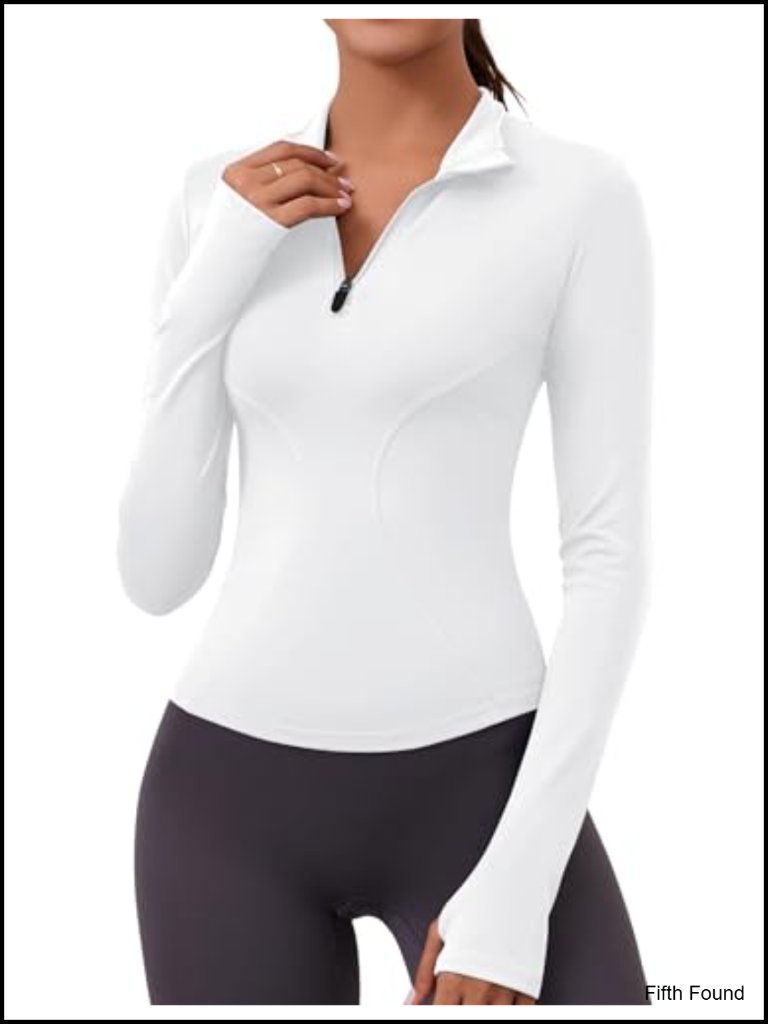 Long Sleeve Quarter Zip Crop Top Athletic Yoga Shirt Thumbholes Slim Fit